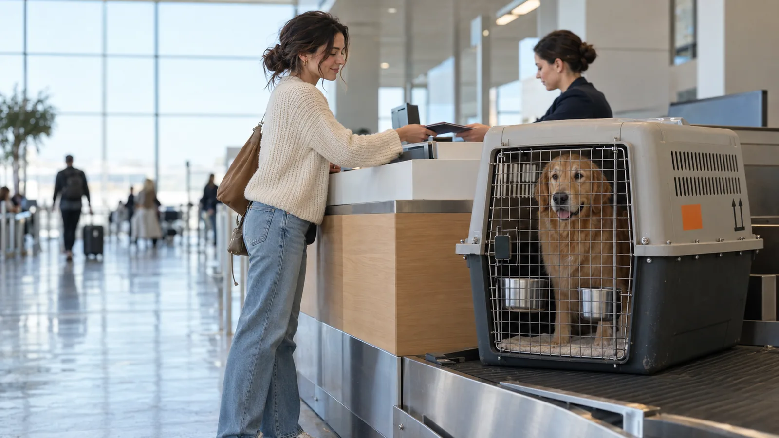 Woman checking in her golden retriever in an airline crate at an airport check-in counter